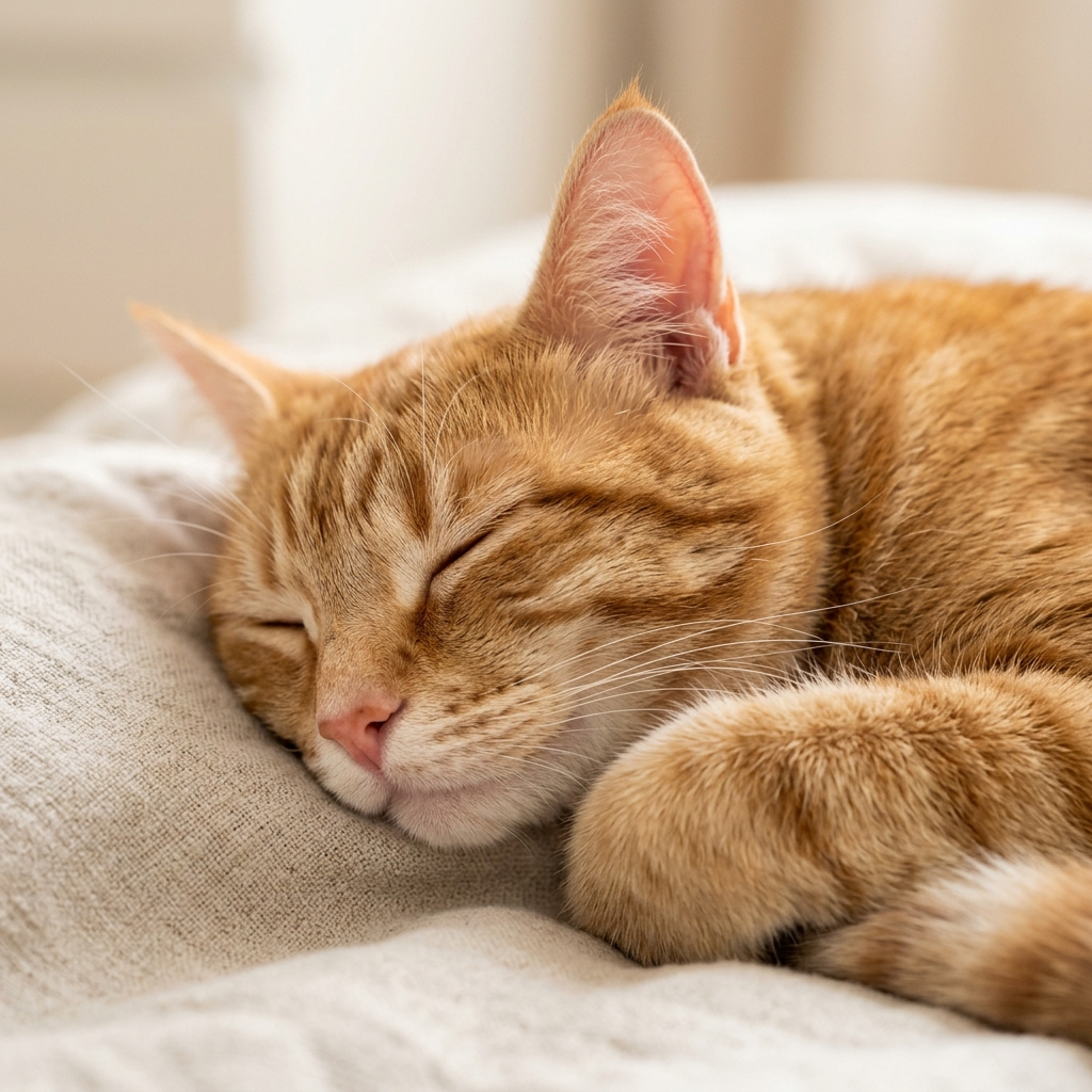 Peaceful orange cat sleeping comfortably on soft fabric