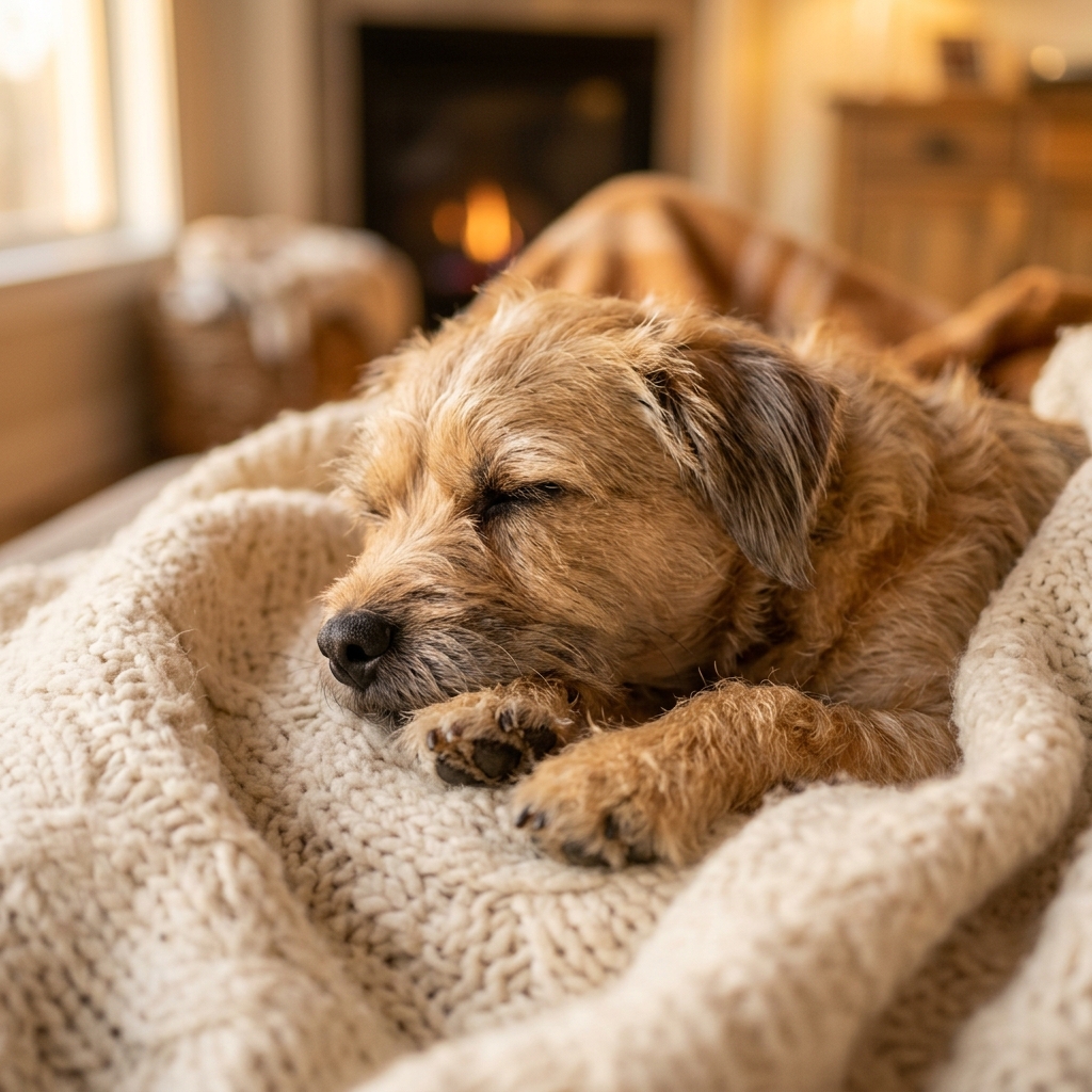 Peaceful sleeping dog wrapped in a cozy blanket