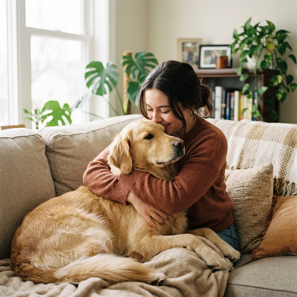Woman comforting her beloved golden retriever at home